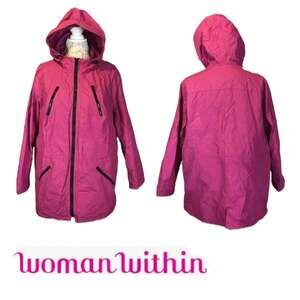 Woman within hooded pink trench rain coat size 18-20